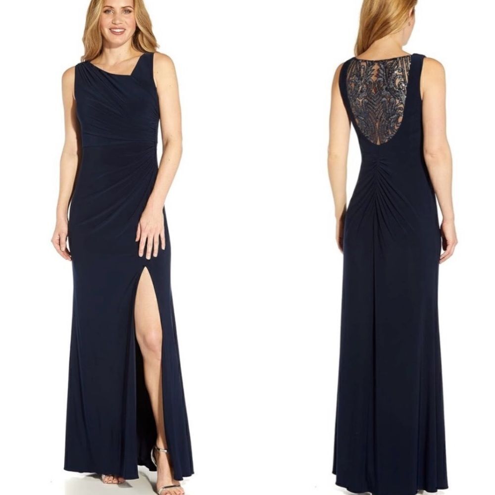New Adrianna Papell Navy Blue Sequin Gown Maxi Dress